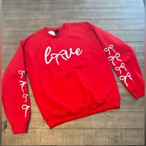 Gildan Red Crewneck Sweatshirt with White 'Love' Script and Sleeve Bows